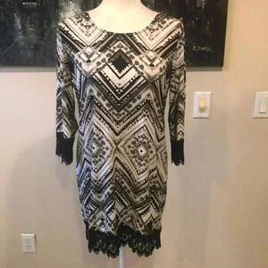 Alfani Petite Geometric Design Lace Trim Exposed Zipper Back Dress-PM